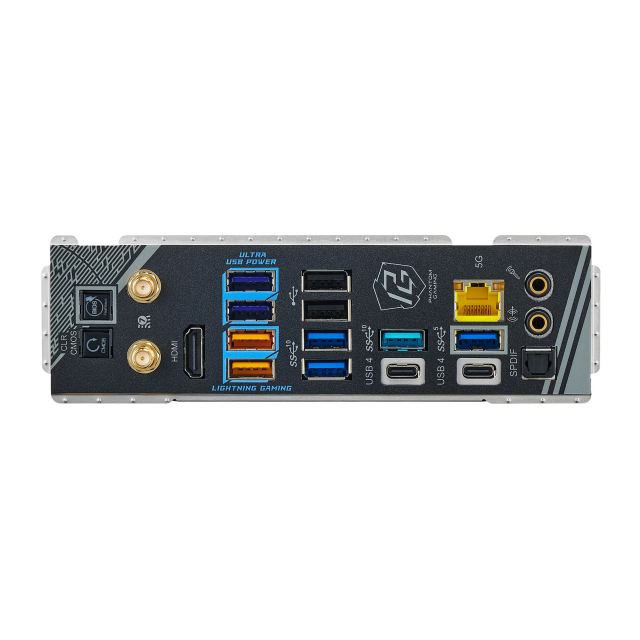 rear panel with two dark-blue "ultra USB power" ports, two orange "lightning gaming" ports, two black ports, two medium-blue Super Speed 10 ports, one turquoise-blue Super Speed 10 port, one medium-blue Super Speed 5 port, and two USB4 Type-C ports