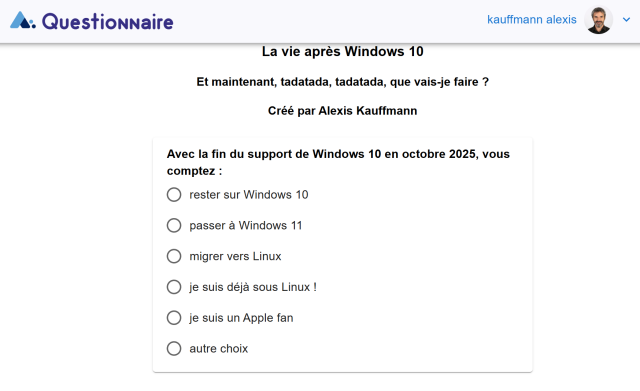 Questionnaire de test sur la vie après Windows 10