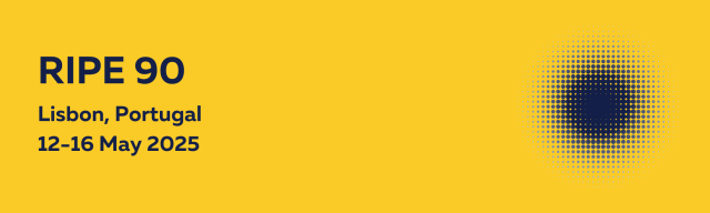 Banner for RIPE 90. Yellow background with bold navy blue text reading: "RIPE 90, Lisbon, Portugal, 12–16 May 2025." On the right side, there is a halftone dot pattern forming a circular gradient in dark blue.
