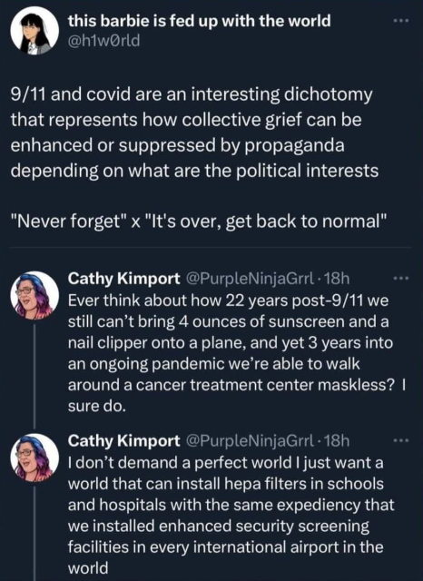 Screenshot from unidentified social media.

User h1wOrld:
9/11 and covid are an interesting dichotomy that represents how collective grief can be enhanced or suppressed by propaganda depending on what are the political interests
"Never forget" x "It's over, get back to normal"

Reply from user PurpleNinjaGrrl:
Ever think about how 22 years post-9/11 we still can't bring 4 ounces of sunscreen and a nail clipper onto a plane, and yet 3 years into an ongoing pandemic we're able to walk around a cancer treatment center maskless? I sure do.

PurpleNinjaGrrl: I don't demand a perfect world I just want a world that can install hepa filters in schools and hospitals with the same expediency that we installed enhanced security screening facilities in every international airport in the world.
