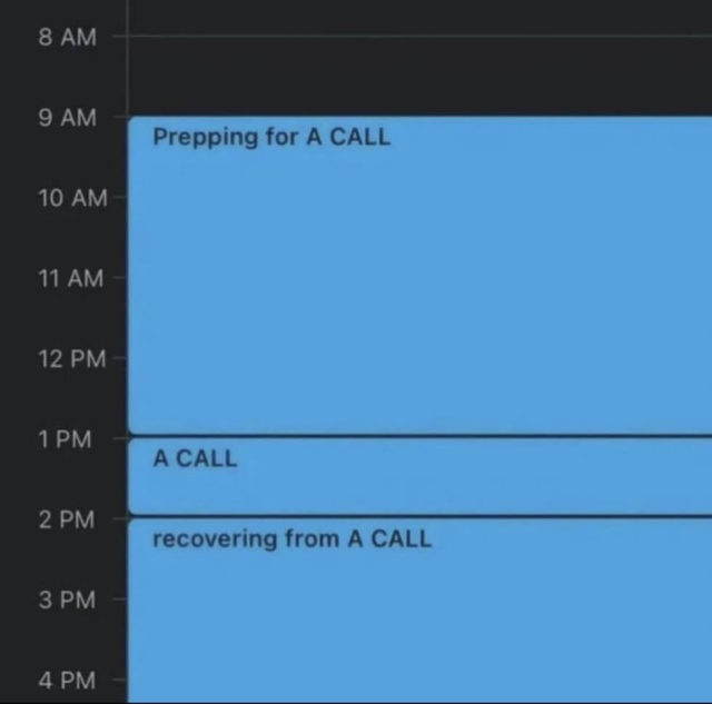 Screenshot of a daily schedule showing:
9 AM to 1 PM – Prepping for A CALL
1 PM to 2 PM – A CALL
2 PM to 5 PM – recovering from A CALL