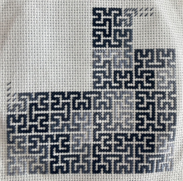 About 2/3 of a cross-stitched Hilbert curve (5th iteration)