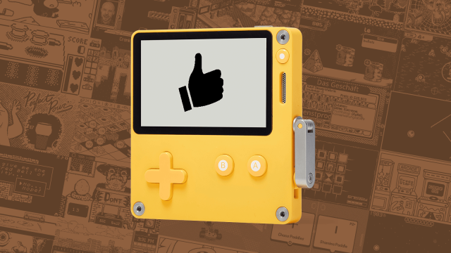 Playdate on a brown background of game screenshots