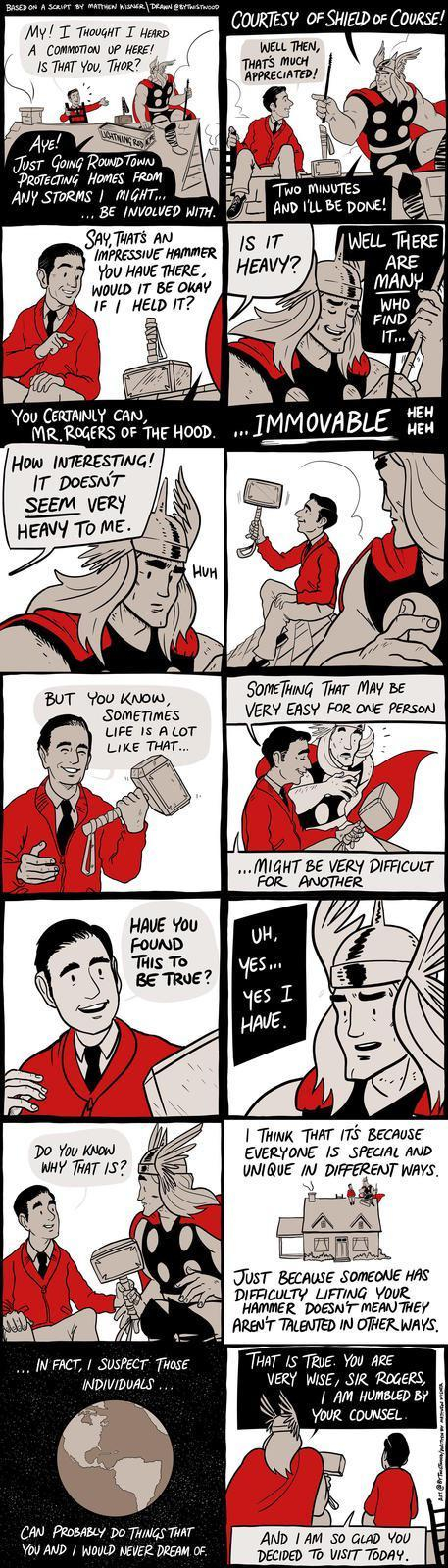 Thor gets a visit from Sir Fred Rogers and learns a lesson about being worthy and what makes people special