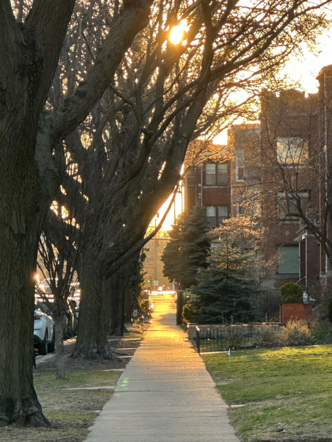 The sidewalk ascends into a glowing tongue of flame 