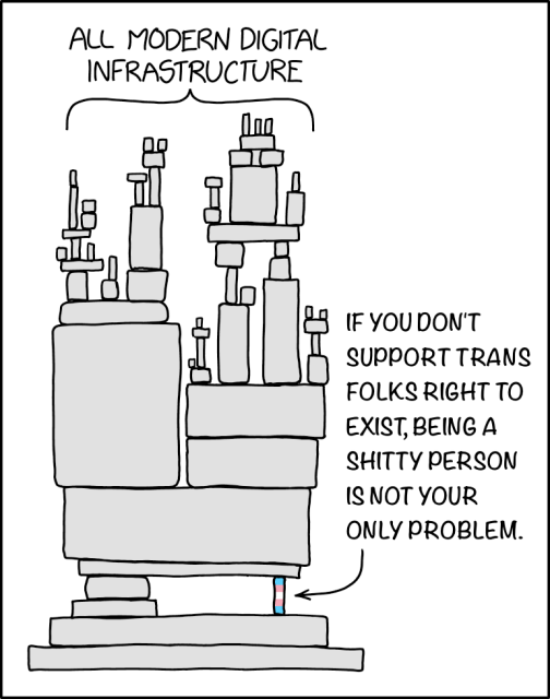 The well known XKCD comic for ALL MODERN DIGITAL INFRASTRUCTURE with the text “A PROJECT SOME RANDOM PERSON IN NEBRASKA HAS BEEN THANKLESSLY MAINTAINING SINCE 2003” replaced by “IF YOU DON’T SUPPORT TRANS FOLKS RIGHT TO EXIST, BEING A SHITTY PERSON IS NOT YOUR ONLY PROBLEM”. The small block holding everything up uses the trans flag colors.
