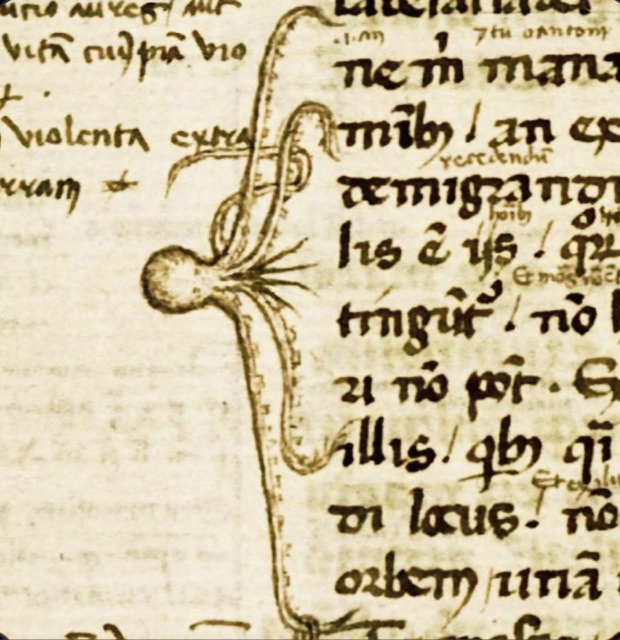 An ancient manuscript. Along the left margin is a drawn-on octopus whose tentacles point out important sentences on the page.