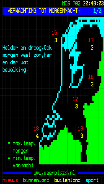 A screenshot of NOS teletekst page 702 showing a semi graphical weather map of the Netherlands. The text is a bit narrow since the page is adjusted for viewing in vertical mode on a phone.