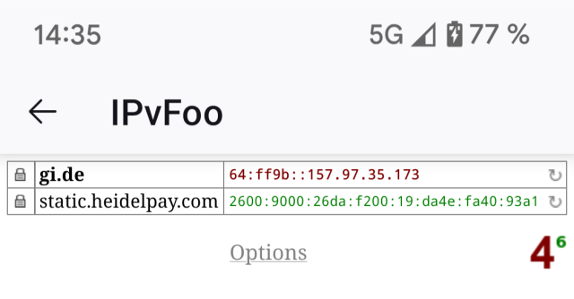 IPvFoo zeigt NAT64 Adresse von gi.de an