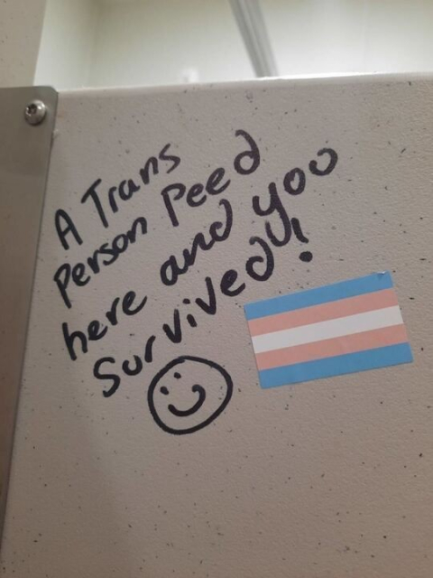 The image shows a section of a bathroom stall wall with a handwritten message in black marker. The message reads: "A Trans Person Peed here and you SURVIVED! :)" Next to the text, there is a small sticker of the transgender pride flag

