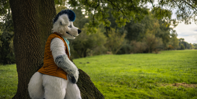 Fursuiter leaning against a tree, staring into the distance.