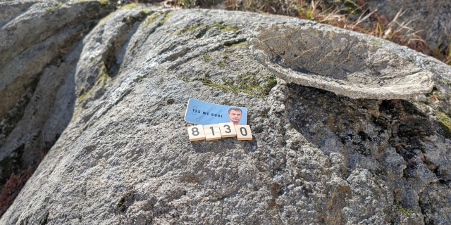 "yes we curl" on a sticker with 8 1 3 0 on wooden tiles, lying on a rock outdoors