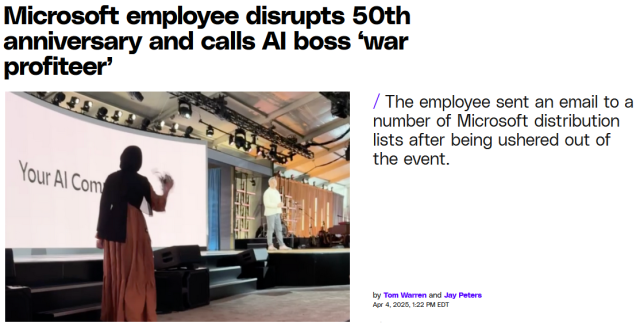 Microsoft employee disrupts 50th anniversary and calls Al boss 'war profiteer'

The employee sent an email to a number of Microsoft distribution lists after being ushered out of the event.