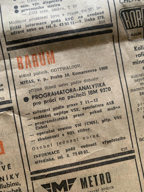 A vintage newspaper advertisement for a programming and analytics position at Barum in Gottwaldov, featuring job requirements and contact information. The text includes details about educational background and necessary skills for the role, printed on yellowed paper.