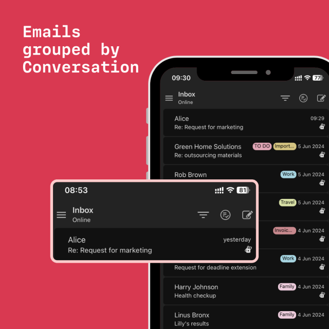 Emails grouped by conversation. 