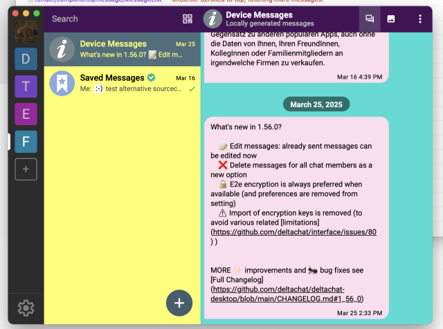 screenshot of deltachat desktop with a custom themes with bad color choices to illustrate how much you can change