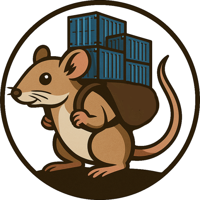 Eine kleine Packratte mit Rucksäckchen und Containern drin in einem Kreis, als Logo