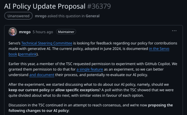 screenshot of “AI Policy Update Proposal” issue (servo/servo#36379)