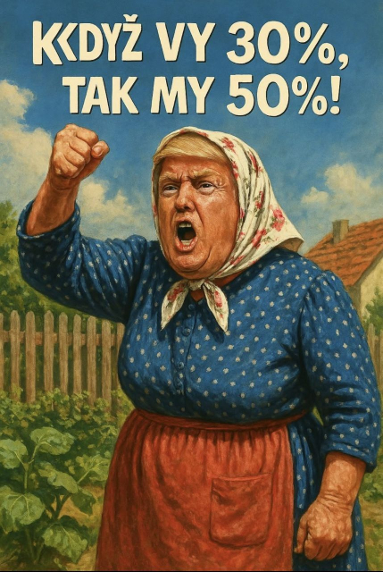 Trump dressed as an old farmer woman with scarf over his head. It says: "If you go 30%, we'll go 50%."
It's a joke from a Czech movie from 80s where two farmer families were competing who can afford more.