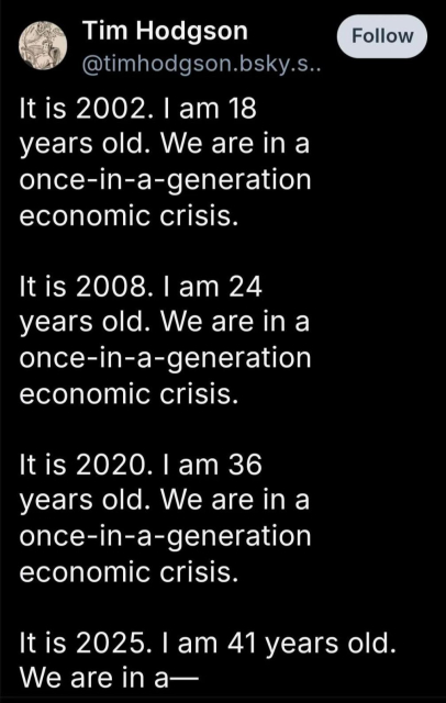 It is 2002. I am 18 years old. We are in a once-in-a-generation economic crisis.
It is 2008. I am 24 years old. We are in a once-in-a-generation economic crisis.
It is 2020. I am 36 years old. We are in a once-in-a-generation economic crisis.
It is 2025. I am 41 years old. We are in a—