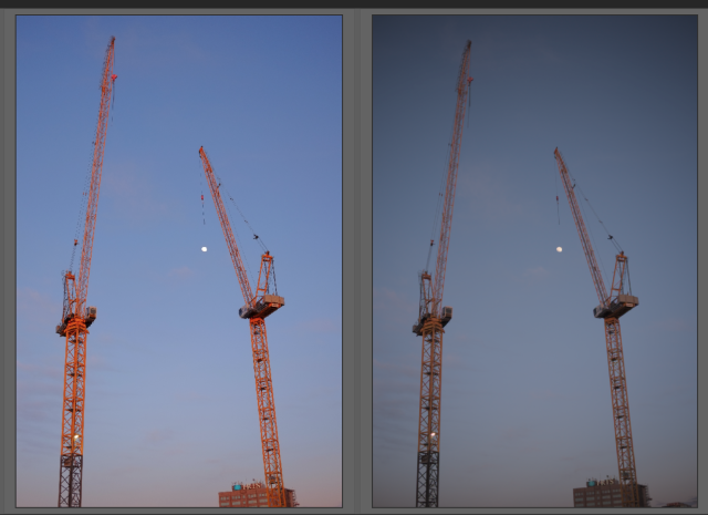 Two almost identical pictures in a photo editing software. They have different colour rendering.

Both represent construction cranes where the crane of the right is trying to attempt to grab the moon.