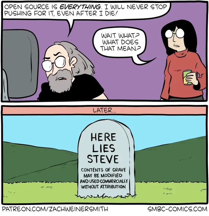 SMBC Comic, two panels. First one features a man saying "Open Source is everything. I will never stop pushing for it. Even after I die!" 
A woman behind him says, "Wait, what? What does that mean?"

Second panel: A tombstone with the epitaph "HERE LIES STEVE: Contents of grave may be modified and used commercially without attribution."