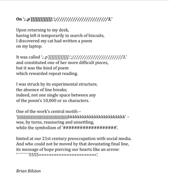 On ‘;..p’[[[[[[[[[[[[[;’;////////////////////////3,’
 
Upon returning to my desk,
having left it temporarily in search of biscuits,
I discovered my cat had written a poem
on my laptop.

It was called ‘;..p’[[[[[[[[[[[[[;’;////////////////////////3,’
and constituted one of her more difficult pieces,
but it was the kind of poem
which rewarded repeat reading.
 
I was struck by its experimental structure,
the absence of line breaks;
indeed, not one single space between any
of the poem’s 10,000 or so characters.
 
One of the work’s central motifs –
‘jjjjjjjjjjjjjjjjjjjjjjjjjjjjjjjjjjjjjjjjjjkkkkkkkkkkkkkkkkkkkkkkkk’ –
was, by turns, reassuring and unsettling,
while the symbolism of ‘###################’,
 
hinted at our 21st century preoccupation with social media.
And who could not be moved by that devastating final line,
its message of hope piercing our hearts like an arrow:
‘`````````5555=======================’.


Brian Bilston
 
