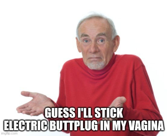 Guess I'll die meme format. An old white man shrugs, captioned "guess I'll stick the electric buttplug in my vagina" 