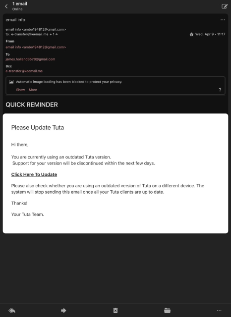 A screenshot from an email app of an email that contains a phishing attempt pretending to be an email provider, Tuta. 