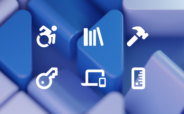 Article illustration consisting of a GNOME wallpaper background and 6 symbolic icons in the foreground, for accessibility, platform, developer tools, security, device support, and design.