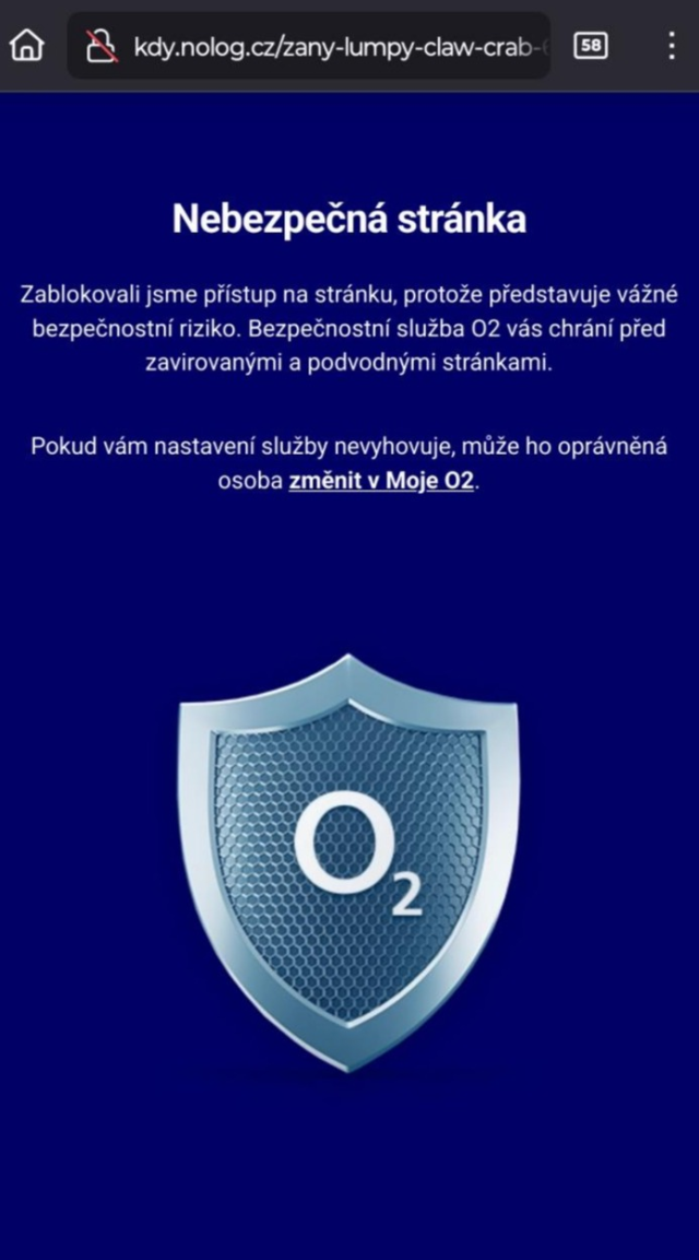 Stránka kdy.nolog.cz, zablokovaná systémem O2 Security jako podvodná/zavirovaná. 