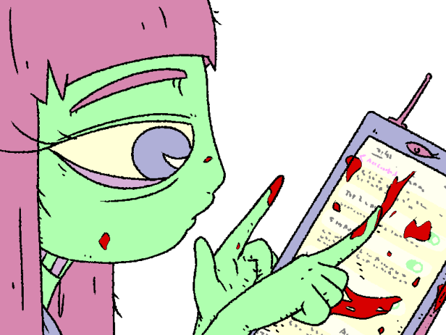 phone toucher touches a touchscreen phone with fingers covered in red, smudging the pristine screen