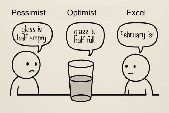 Pessimist: Glass half empty
Optimist: Glass half full
Excel: February 1