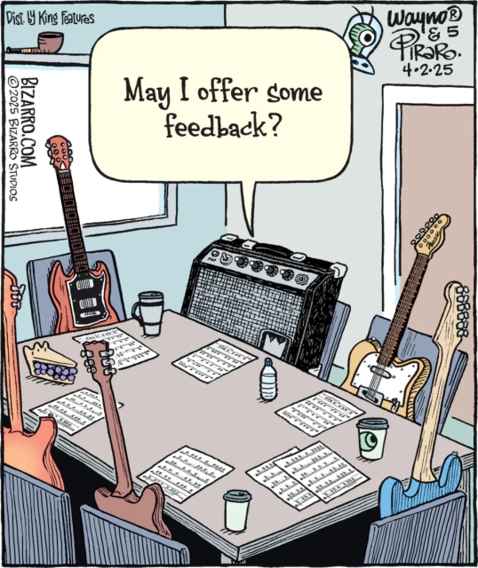 Single panel comic from Bizarro Comics. A conference room with most chairs taken by electric guitars. In one seat is an amplifier who is saying “May I offer some feedback”