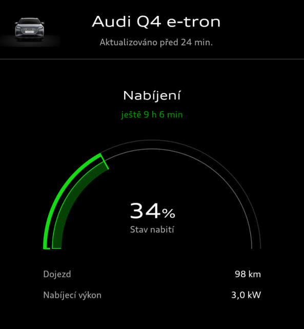 A screenshot of MyAudi app showing that the car battery is at 34% and is being charged.