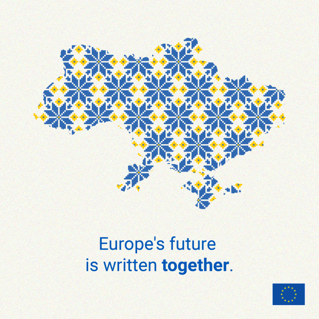 A stylised map of Ukraine is shown, filled with a traditional blue and yellow Pysanky pattern. The map is centred on a textured, off-white background. Below the map, in blue text, is the message "Europe's future is written together." The European Union flag is displayed in the bottom right corner. 