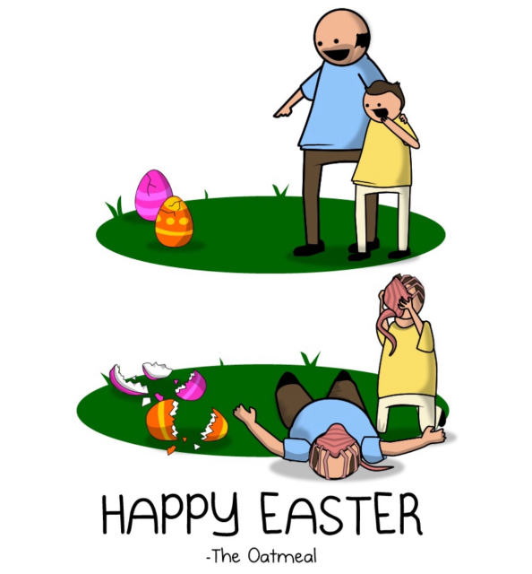 A father and son see a large pair of Easter eggs cracking in the grass. The eggs, crack open and face huggers from the movie aliens latch on both of their heads and they fall to the ground.