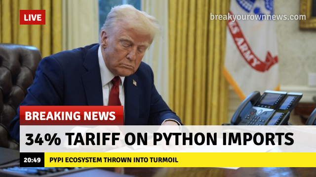 potus signing something with a 'breaking news' banner: 34% tariff on python imports / pypi ecosystem thrown into turmoil