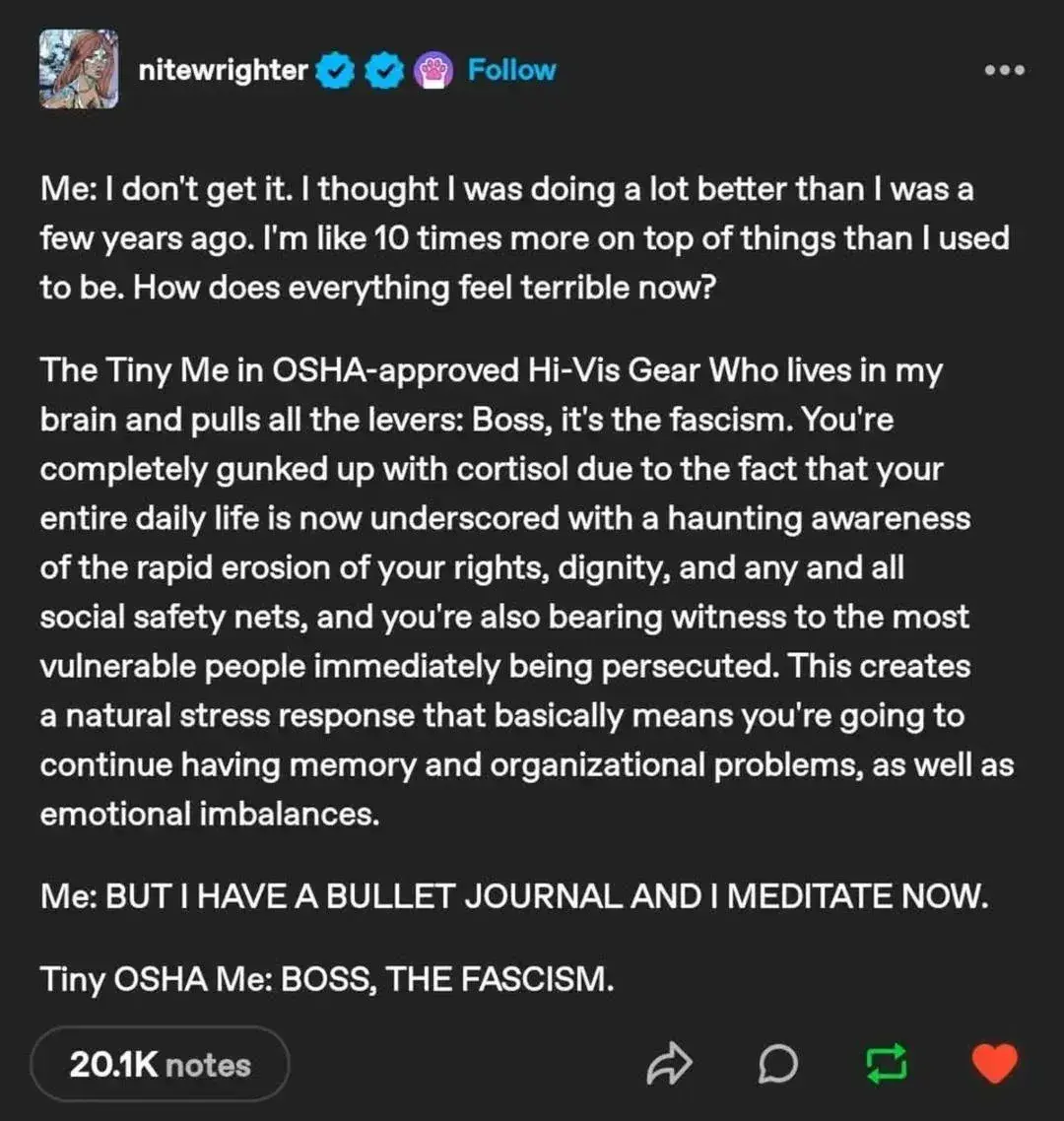 tumblr user nitewrighter says:
Me: I don’t get it. I thought I was doing a lot better than I was a few years ago. I’m like 10 times more on top of things than I used to be. How does everything feel terrible now?

The Tiny Me in OSHA-approved Hi-Vis Gear Who lives in my brain and pulls all the levers: Boss, it’s the fascism. You’re completely gunked up with cortisol due to the fact that your entire daily life is now underscored with a haunting awareness of the rapid erosion of your rights, dignity, and any and all social safety nets, and you’re also bearing witness to the most vulnerable people immediately being persecuted. This creates a natural stress response that basically means you’re going to continue having memory and organizational problems, as well as emotional imbalances.

Me: BUT I HAVE A BULLET JOURNAL AND I MEDITATE NOW.

Tiny OSHA Me: BOSS, THE FASCISM.
