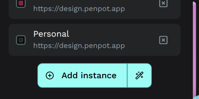Two buttons under the Penpot instance list setting: 'Add instance' and a magic wand icon.