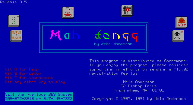 Titlescreen for Mah Jongg by Nels Ansderson, Copyright 1987-1991.
Release 3.5
