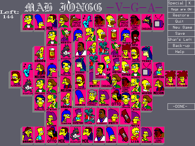 A game of Mahjong solitaire, but all the tiles are replaced with pixel-art The Simpsons characters. 