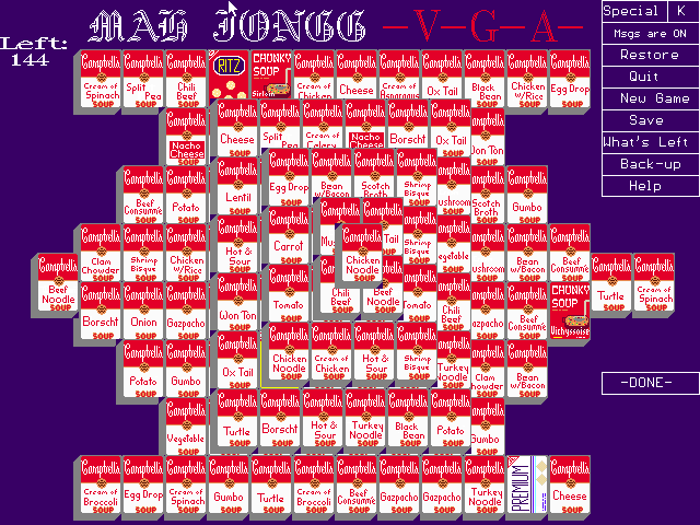 A soup-themed Mahjong tileset, with tiny text the only thing that tells the nearly identical Campbell's Soup cans apart