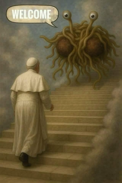 (The Pope approaching the Flying Spaghetti Monster)  WELCOME!