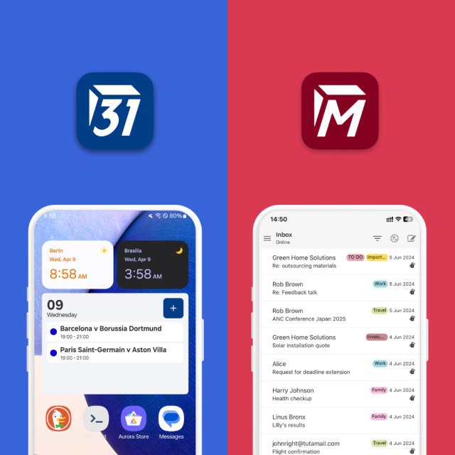 Images of phones with calendar widget on Android and conversation view showing only the latest email in a conversation in Tuta Mail.