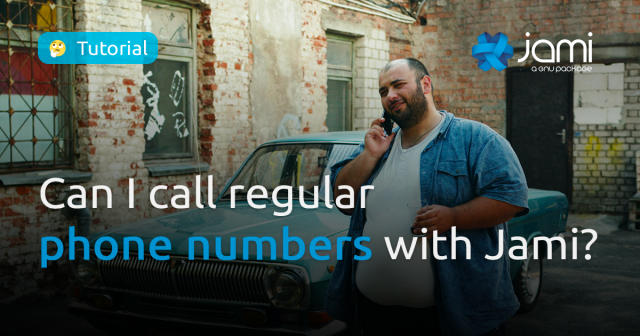 A man standing casually in front of a vintage car, talking on a smartphone with a curious expression. The background features an old brick building with graffiti. Overlaid text reads: 'Can I call regular phone numbers with Jami?' with a 'Tutorial' label and the Jami logo in the top-right corner."