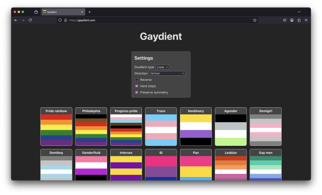 A screenshot of gaydient.com. There's a settings panel at the top with options like gradient type and direction, then there's a grid of pride flags made using CSS gradients.