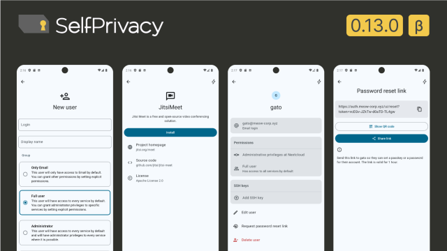4 screenshots demonstrating new features of SelfPrivacy