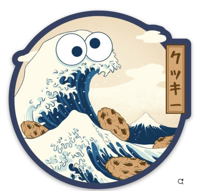 A cartoon version of Hokusai's "The Great Wave off Kanagawa". The wave has googly eyes to look like the Muppet Cookie Monster, and chocolate chip cookies are scattered across the water.