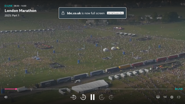 An overhead view of the start of the London Marathon from a BBC broadcast.